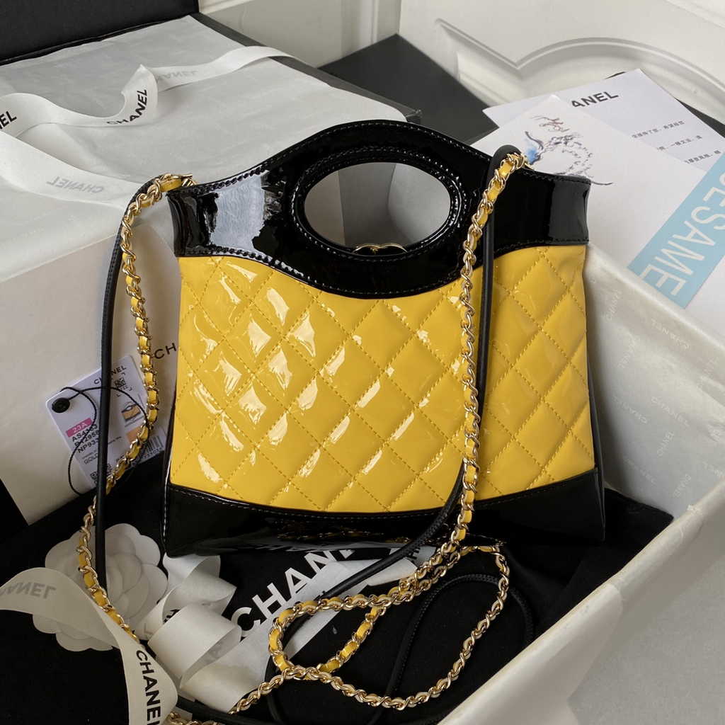 Chanel 31 mini shopping bag AS4133 Yellow Black Patent calfskin
