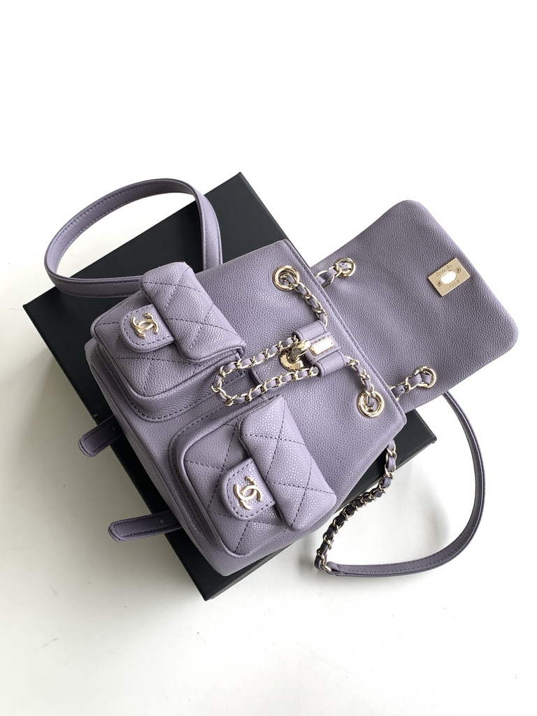 Chanel AS3787 Small backpack Grained shiny calfskin gold Purple