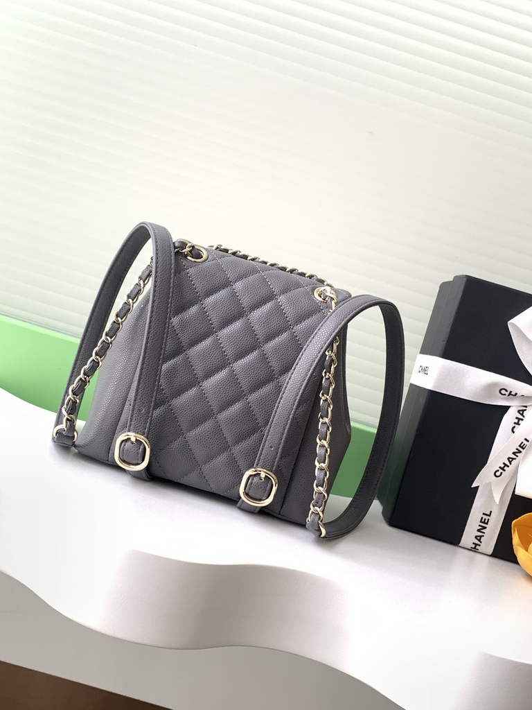Chanel AS3787 Small backpack Grained shiny calfskin gold Gray