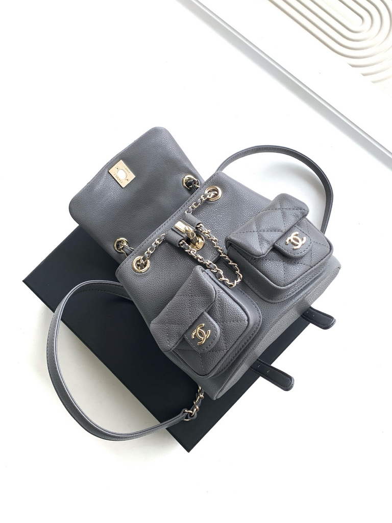 Chanel AS3787 Small backpack Grained shiny calfskin gold Gray