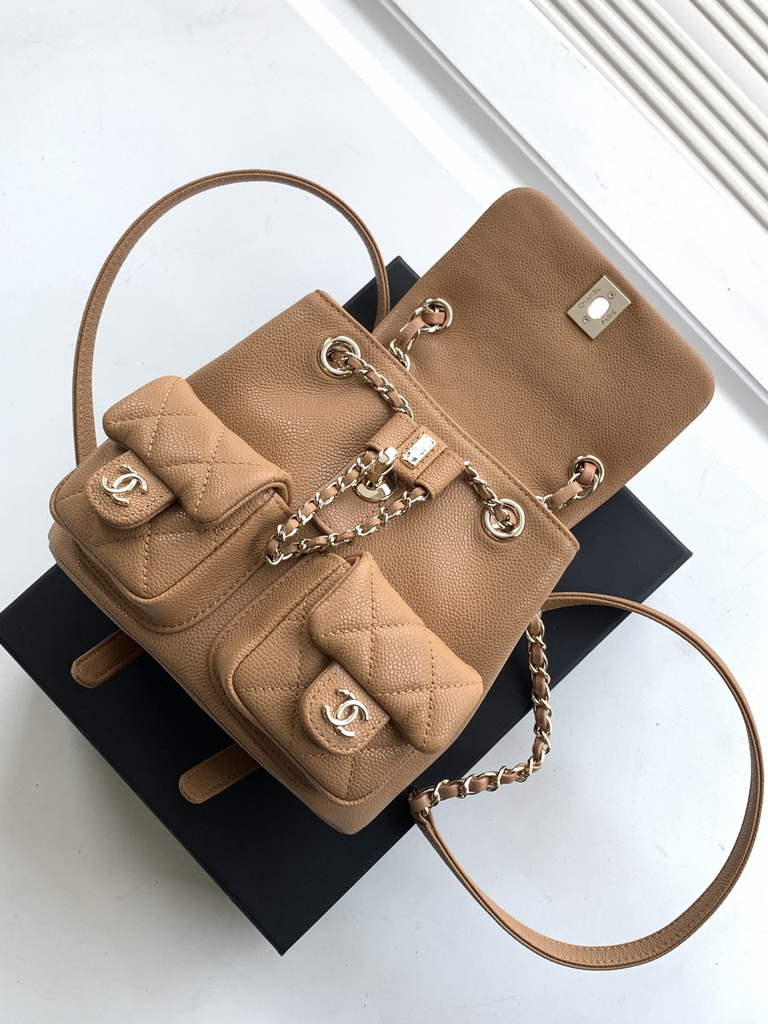 Chanel AS3787 Small backpack Grained shiny calfskin gold Brown