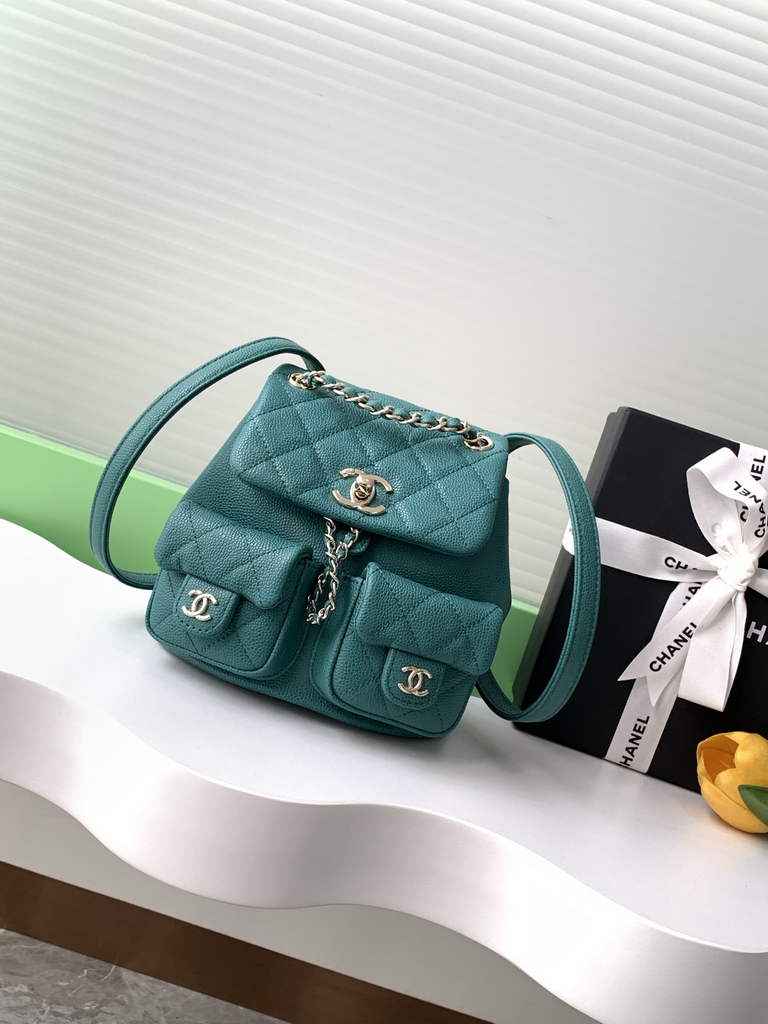 Chanel AS3787 Small backpack Grained shiny calfskin gold Green