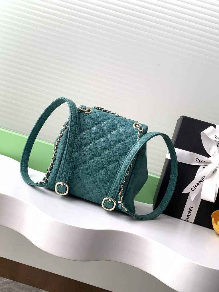 Chanel AS3787 Small backpack Grained shiny calfskin gold Green