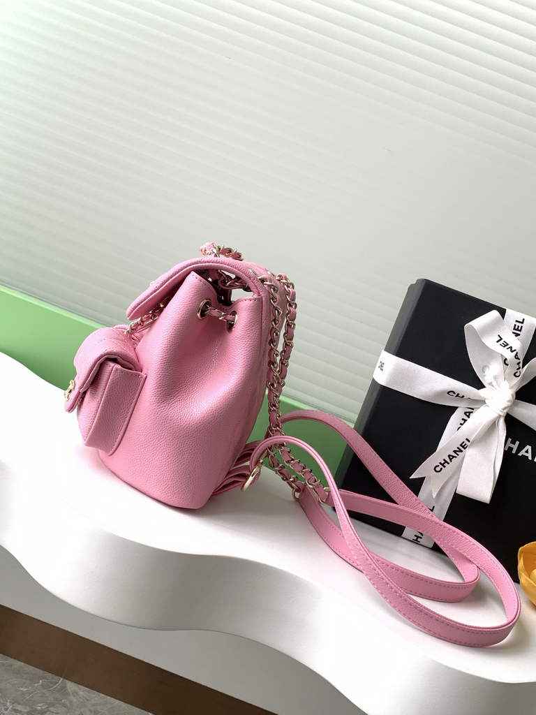 Chanel AS3787 Small backpack Grained shiny calfskin gold Pink