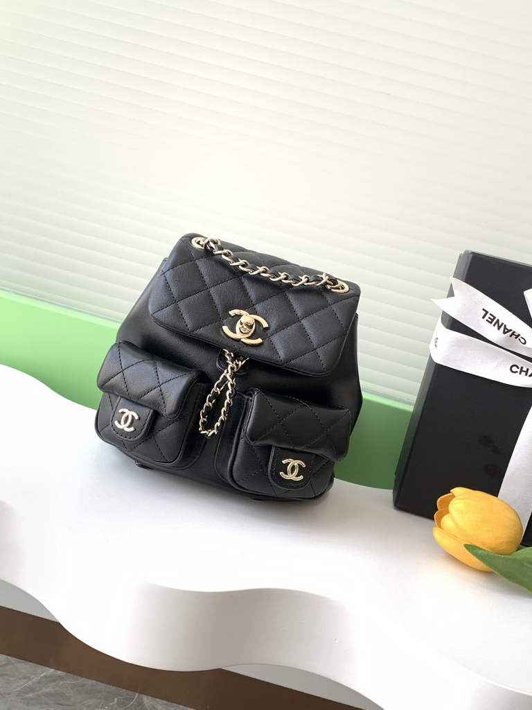 Chanel AS3787 Small backpack Lambskin gold Black