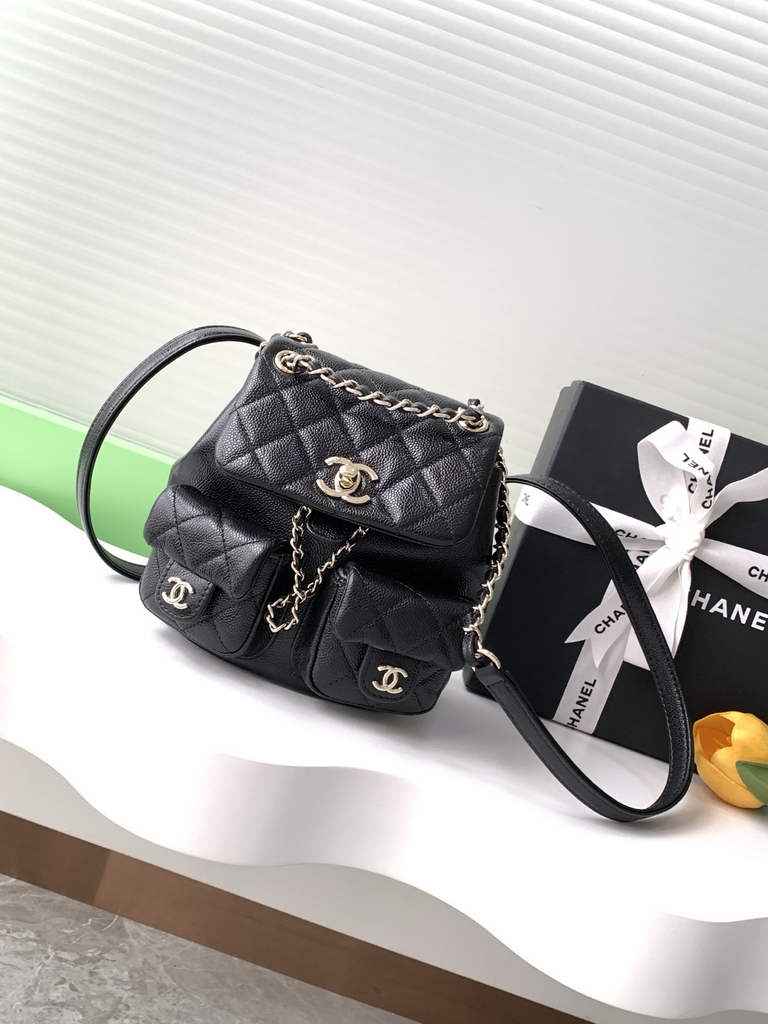 Chanel AS3787 Small backpack Grained shiny calfskin gold Black
