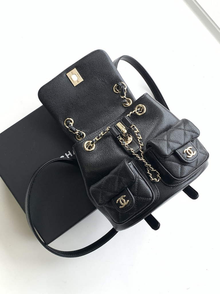 Chanel AS3787 Small backpack Grained shiny calfskin gold Black