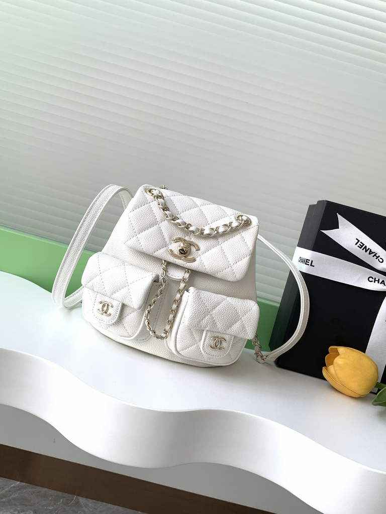Chanel AS3787 Small backpack Grained shiny calfskin gold white