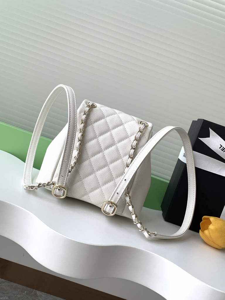Chanel AS3787 Small backpack Grained shiny calfskin gold white