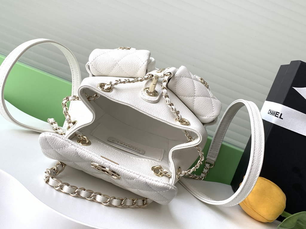 Chanel AS3787 Small backpack Grained shiny calfskin gold white