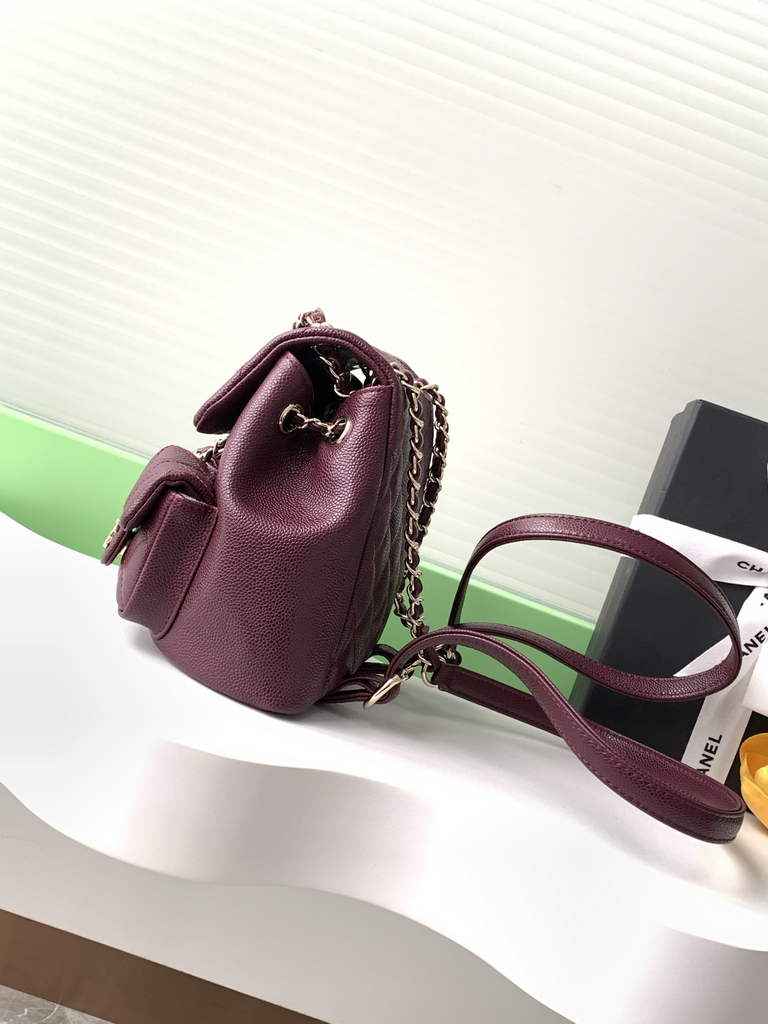 Chanel Small backpack Grained shiny calfskin AS3787 gold wine red