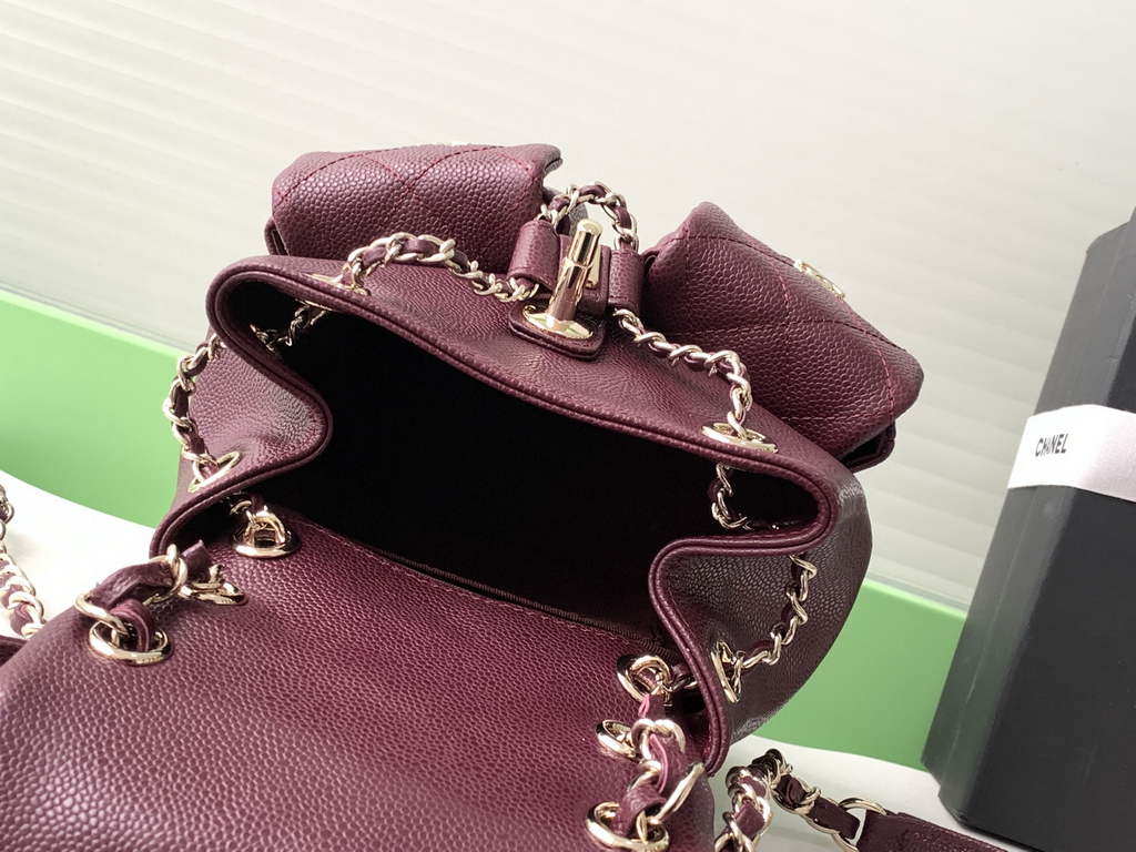 Chanel Small backpack Grained shiny calfskin AS3787 gold wine red