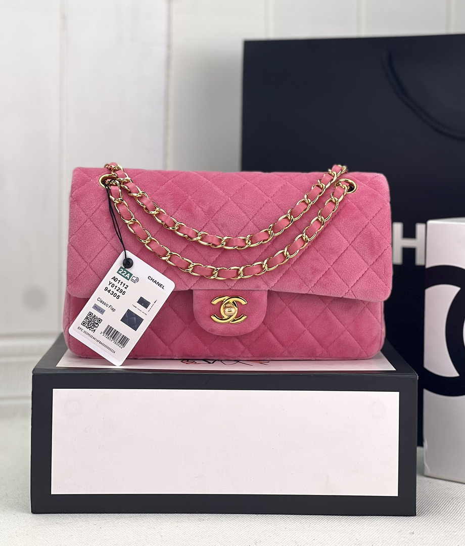 Chanel A01112 Classic Handbag Pink Velvet Enamel Gold-Tone Metal