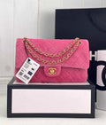 Chanel A01112 Classic Handbag Pink Velvet Enamel Gold-Tone Metal