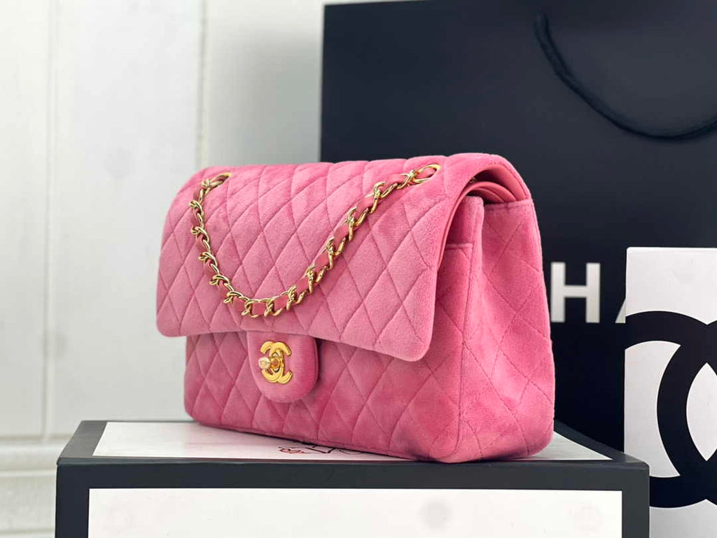 Chanel A01112 Classic Handbag Pink Velvet Enamel Gold-Tone Metal