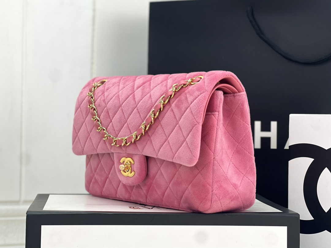 Chanel A01112 Classic Handbag Pink Velvet Enamel Gold-Tone Metal