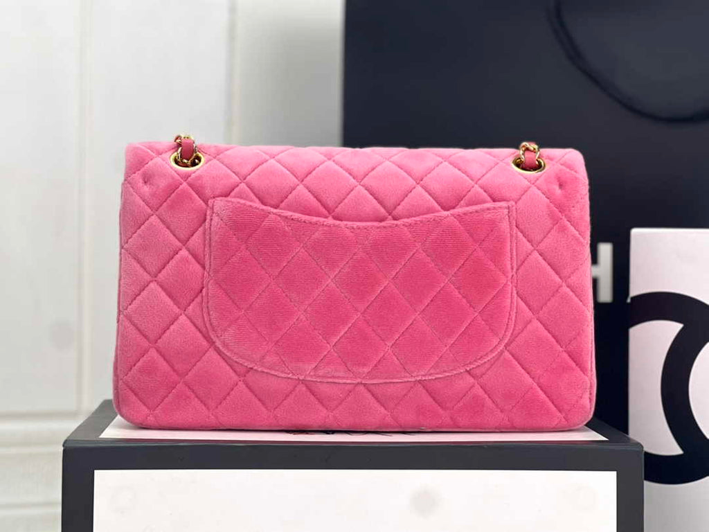 Chanel A01112 Classic Handbag Pink Velvet Enamel Gold-Tone Metal