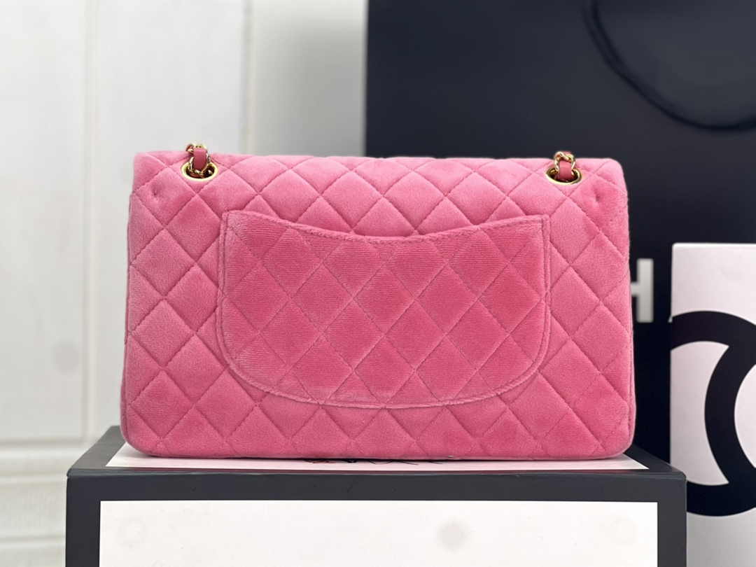 Chanel A01112 Classic Handbag Pink Velvet Enamel Gold-Tone Metal