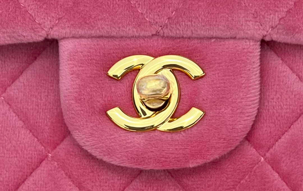 Chanel A01112 Classic Handbag Pink Velvet Enamel Gold-Tone Metal