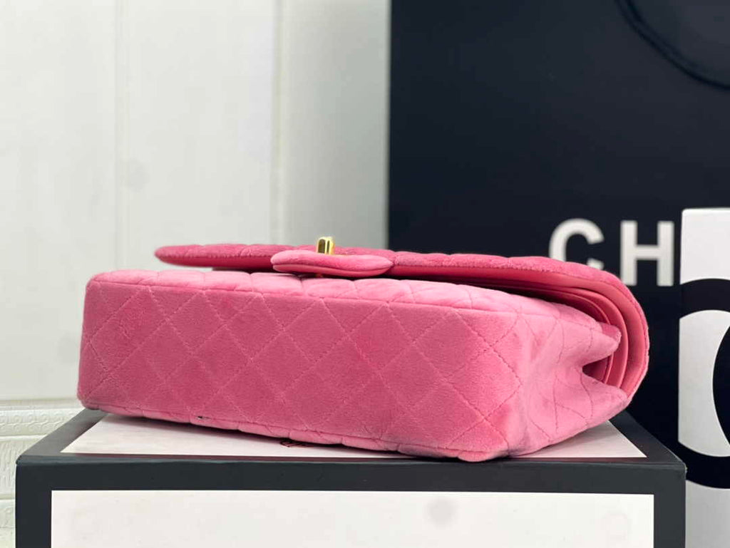 Chanel A01112 Classic Handbag Pink Velvet Enamel Gold-Tone Metal