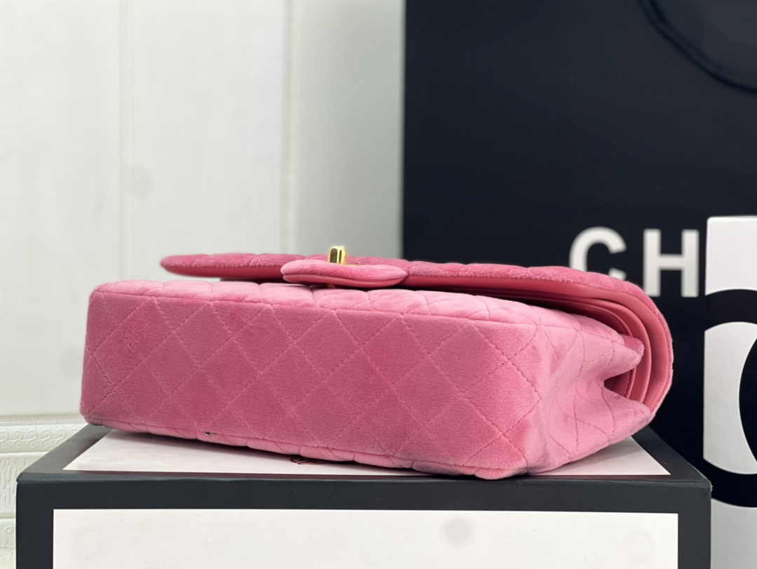 Chanel A01112 Classic Handbag Pink Velvet Enamel Gold-Tone Metal