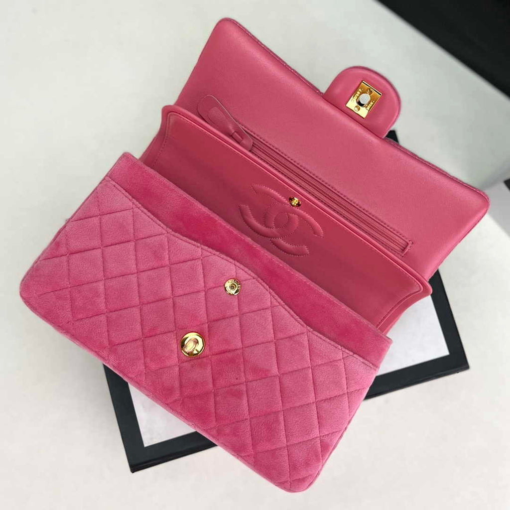 Chanel A01112 Classic Handbag Pink Velvet Enamel Gold-Tone Metal