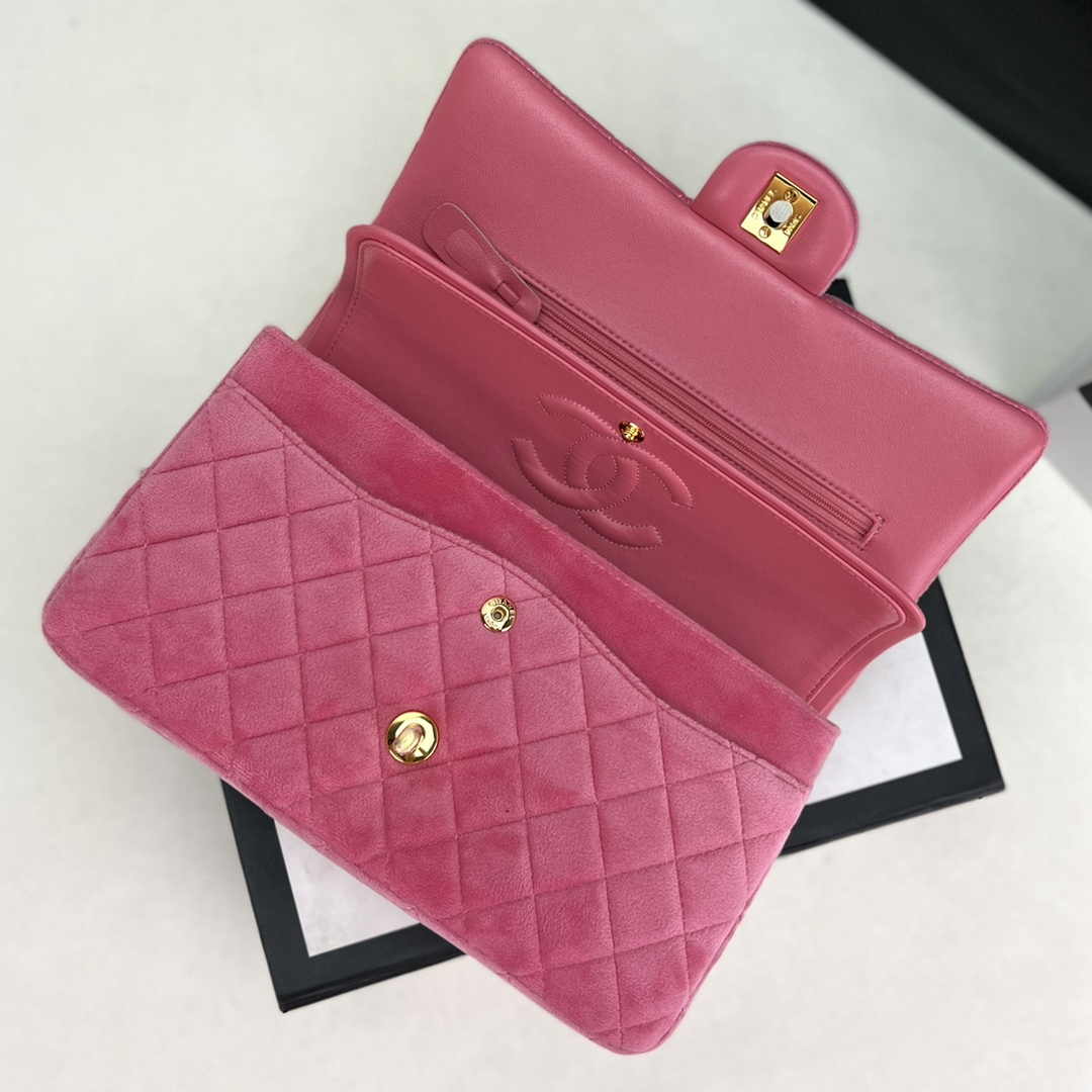 Chanel A01112 Classic Handbag Pink Velvet Enamel Gold-Tone Metal