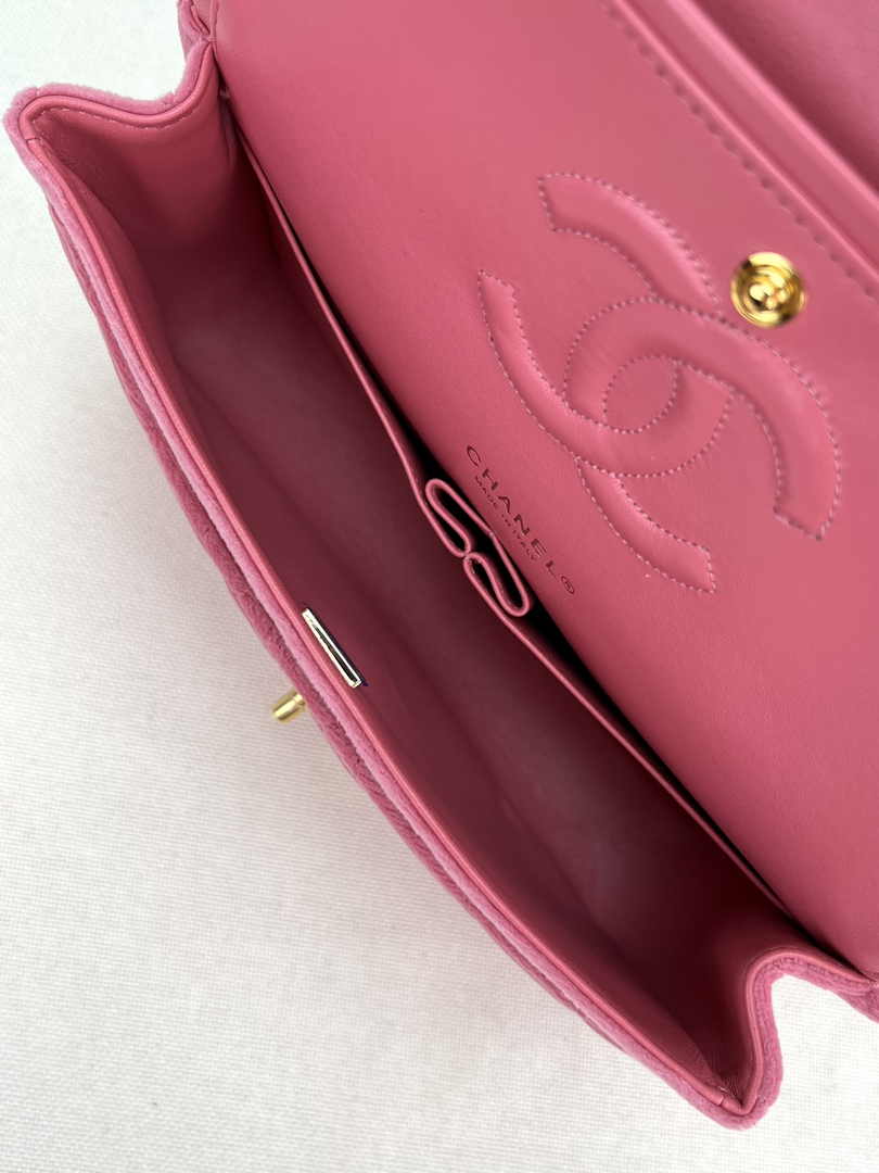 Chanel A01112 Classic Handbag Pink Velvet Enamel Gold-Tone Metal