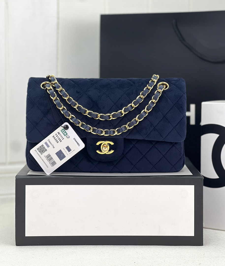 Chanel A01112 Classic Handbag Navy Blue Velvet Enamel Gold-Tone Metal