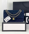 Chanel A01112 Classic Handbag Navy Blue Velvet Enamel Gold-Tone Metal