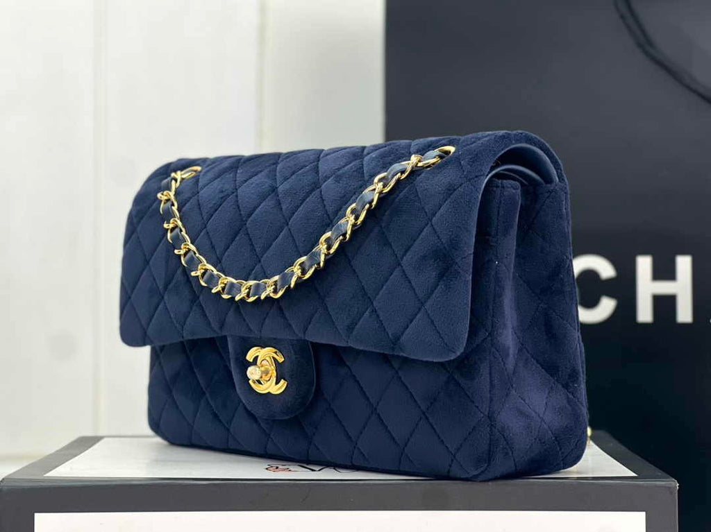 Chanel A01112 Classic Handbag Navy Blue Velvet Enamel Gold-Tone Metal