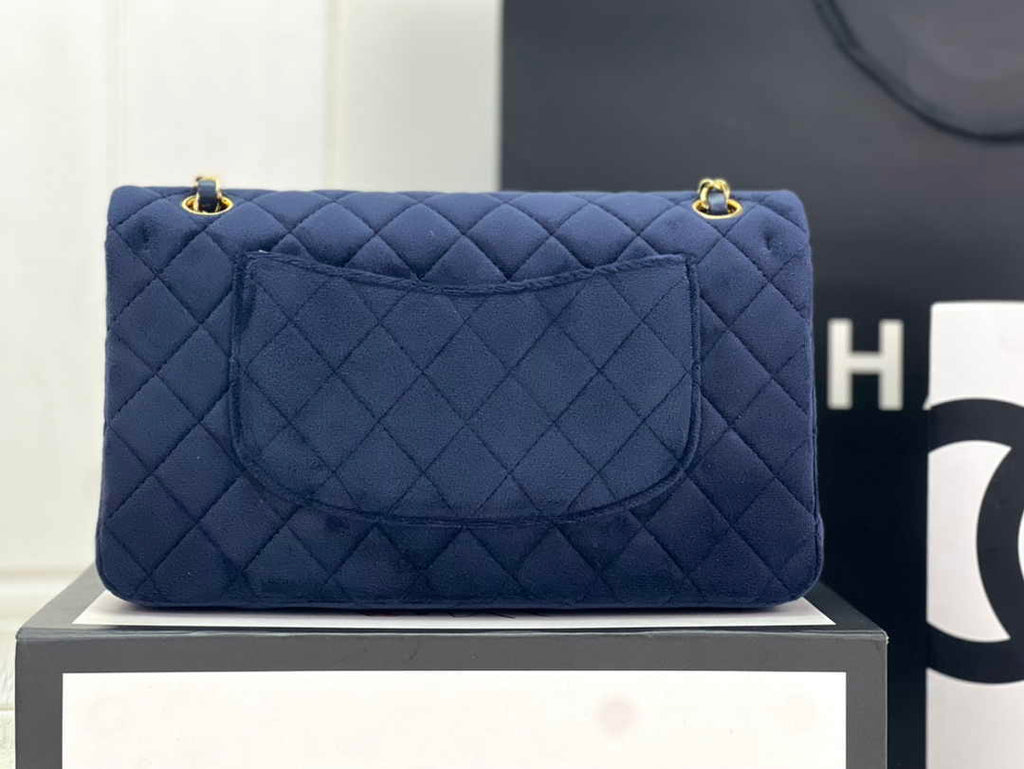 Chanel A01112 Classic Handbag Navy Blue Velvet Enamel Gold-Tone Metal