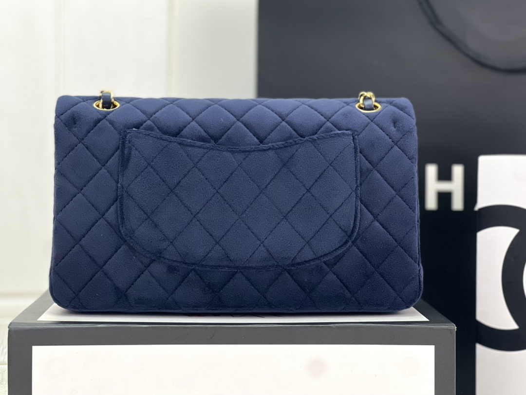 Chanel A01112 Classic Handbag Navy Blue Velvet Enamel Gold-Tone Metal