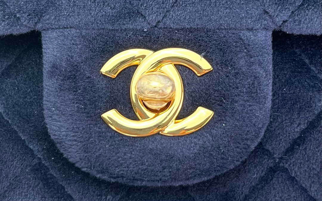Chanel A01112 Classic Handbag Navy Blue Velvet Enamel Gold-Tone Metal