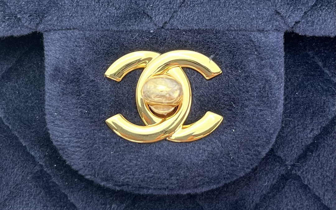 Chanel A01112 Classic Handbag Navy Blue Velvet Enamel Gold-Tone Metal