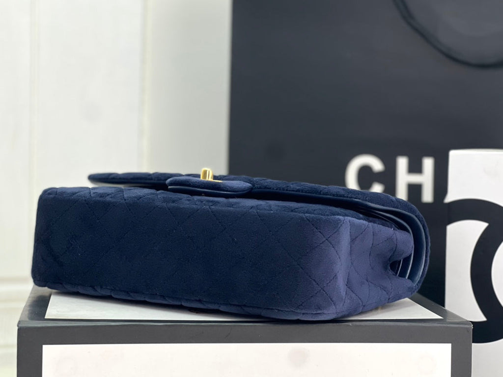 Chanel A01112 Classic Handbag Navy Blue Velvet Enamel Gold-Tone Metal