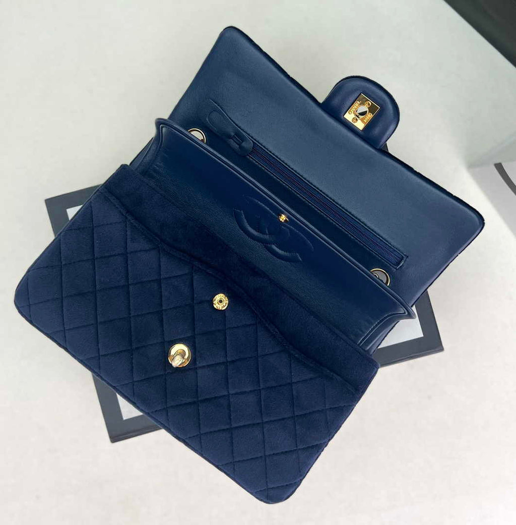 Chanel A01112 Classic Handbag Navy Blue Velvet Enamel Gold-Tone Metal