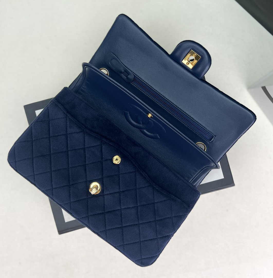 Chanel A01112 Classic Handbag Navy Blue Velvet Enamel Gold-Tone Metal