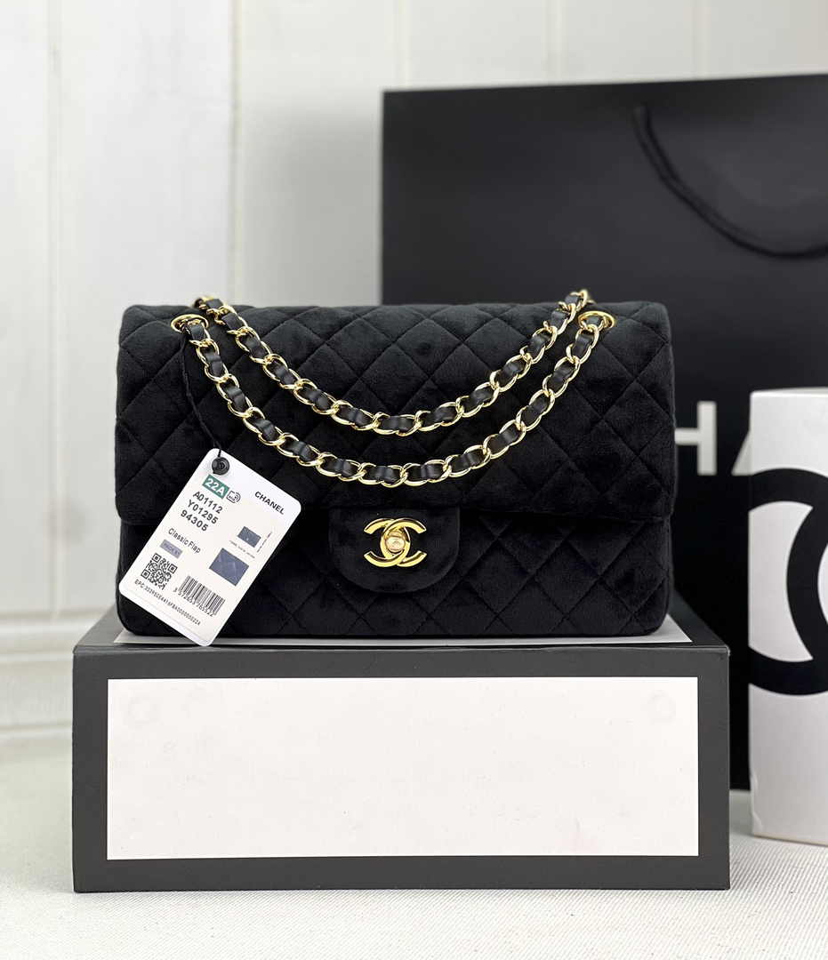 Chanel A01112 Classic Handbag Black Velvet Enamel Gold-Tone Metal