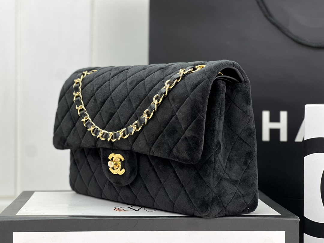 Chanel A01112 Classic Handbag Black Velvet Enamel Gold-Tone Metal