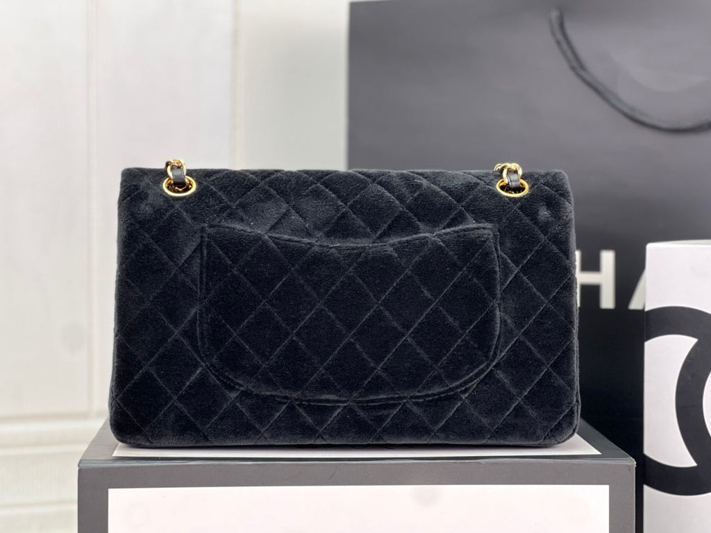 Chanel A01112 Classic Handbag Black Velvet Enamel Gold-Tone Metal