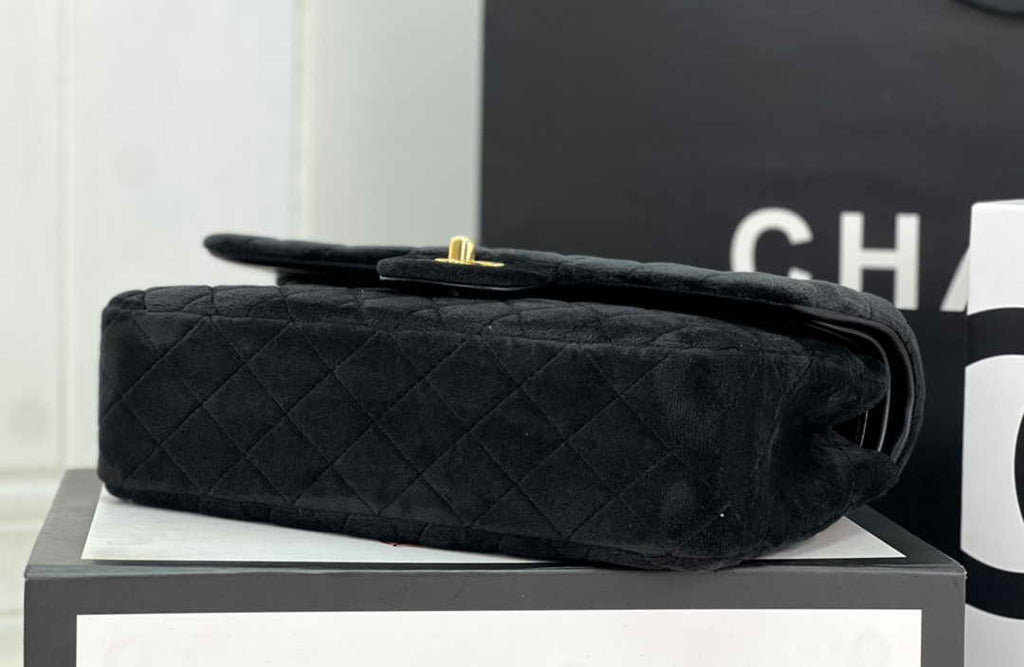 Chanel A01112 Classic Handbag Black Velvet Enamel Gold-Tone Metal