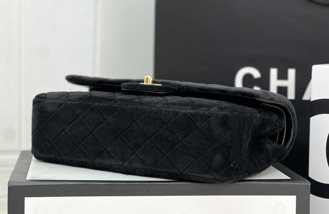 Chanel A01112 Classic Handbag Black Velvet Enamel Gold-Tone Metal