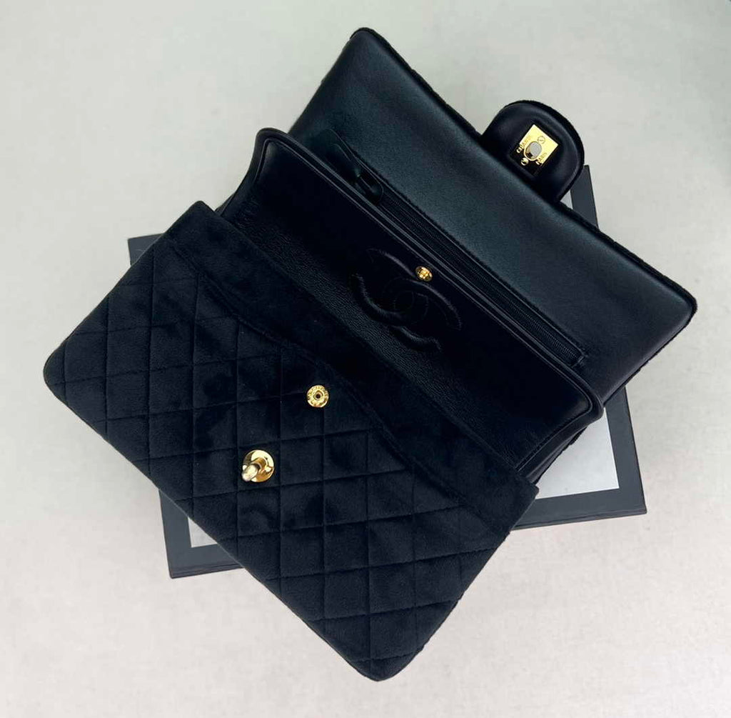 Chanel A01112 Classic Handbag Black Velvet Enamel Gold-Tone Metal