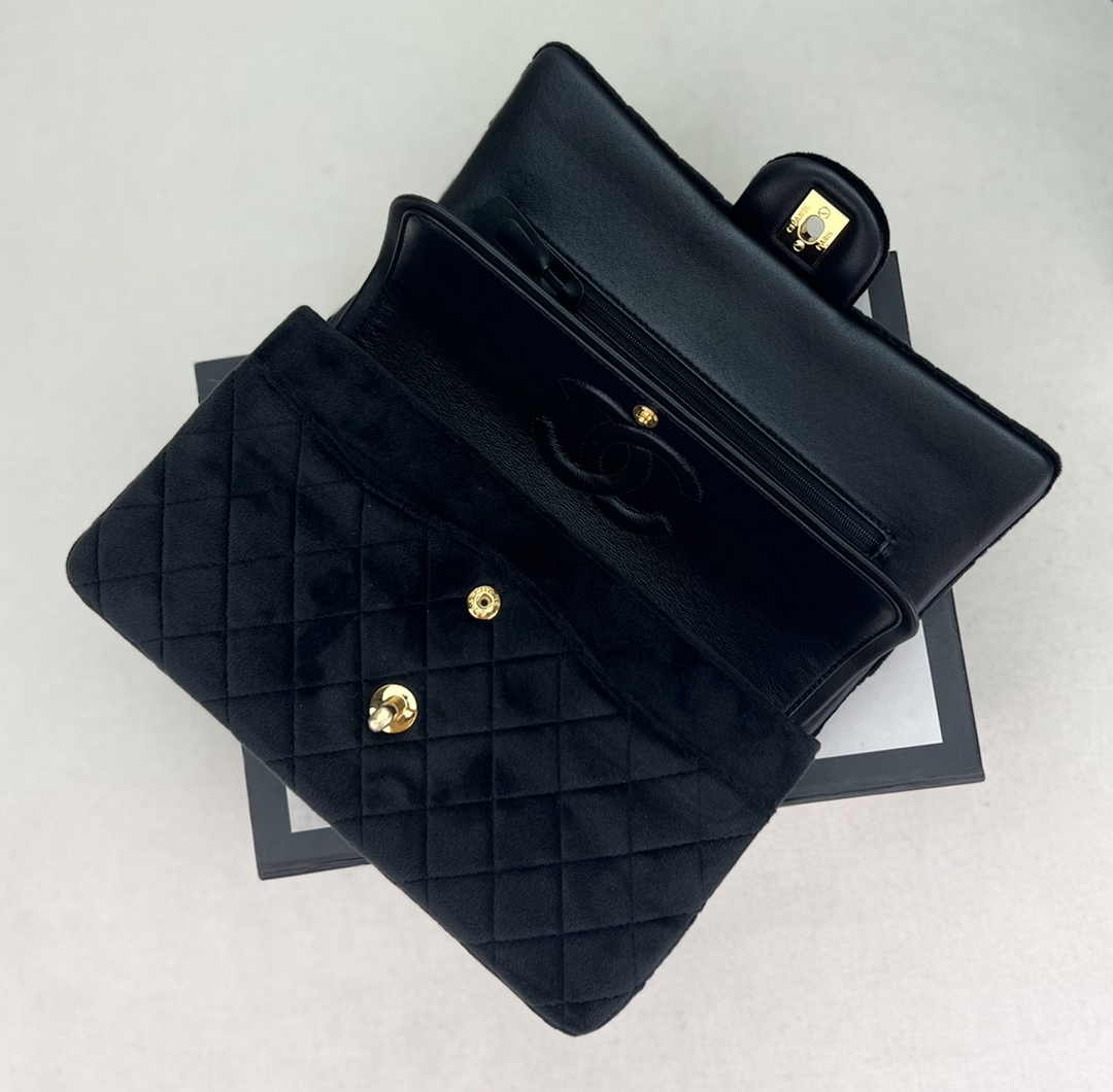 Chanel A01112 Classic Handbag Black Velvet Enamel Gold-Tone Metal