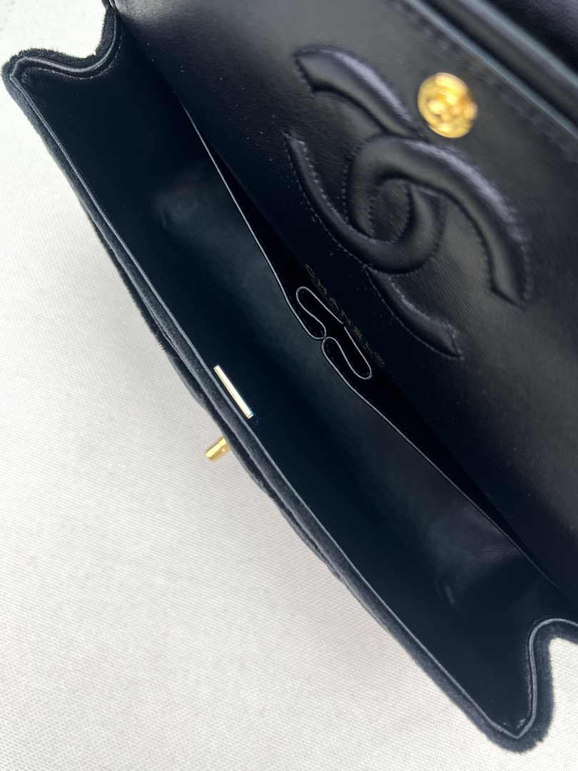Chanel A01112 Classic Handbag Black Velvet Enamel Gold-Tone Metal