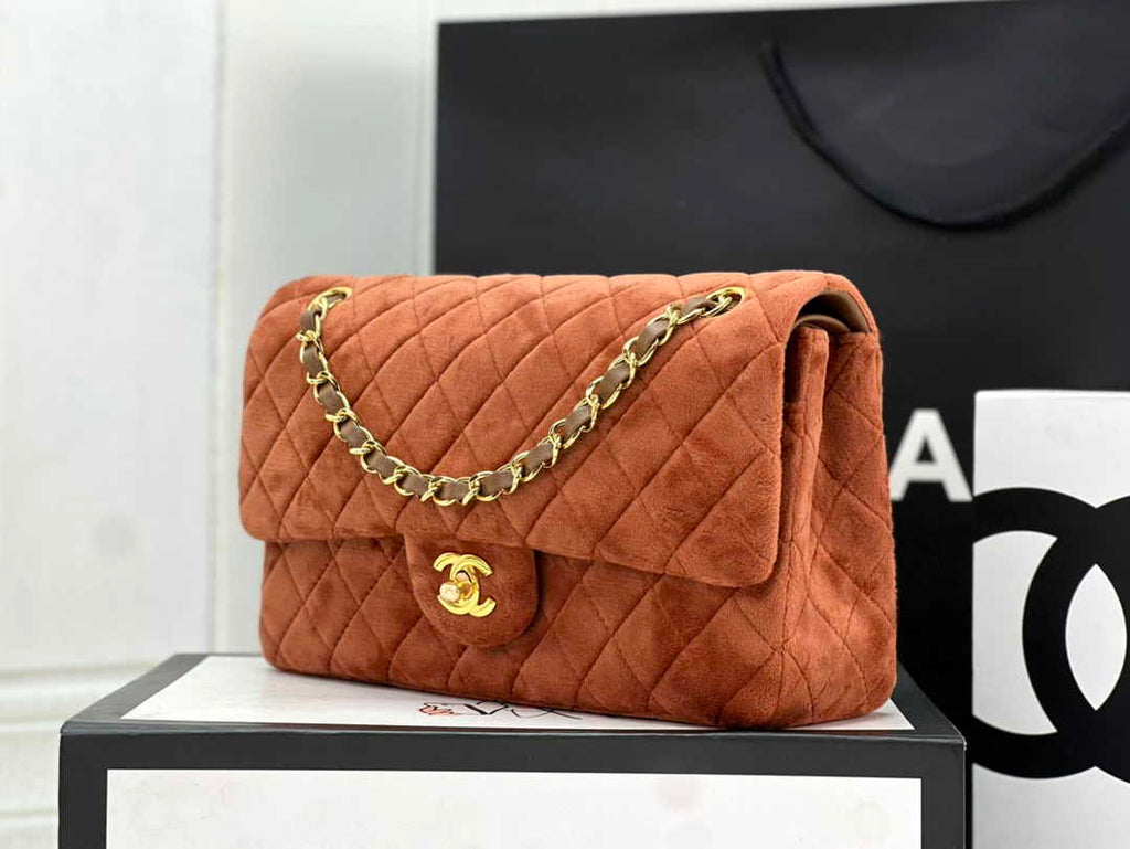 Chanel A01112 Classic Handbag Brown Velvet Enamel Gold-Tone Metal