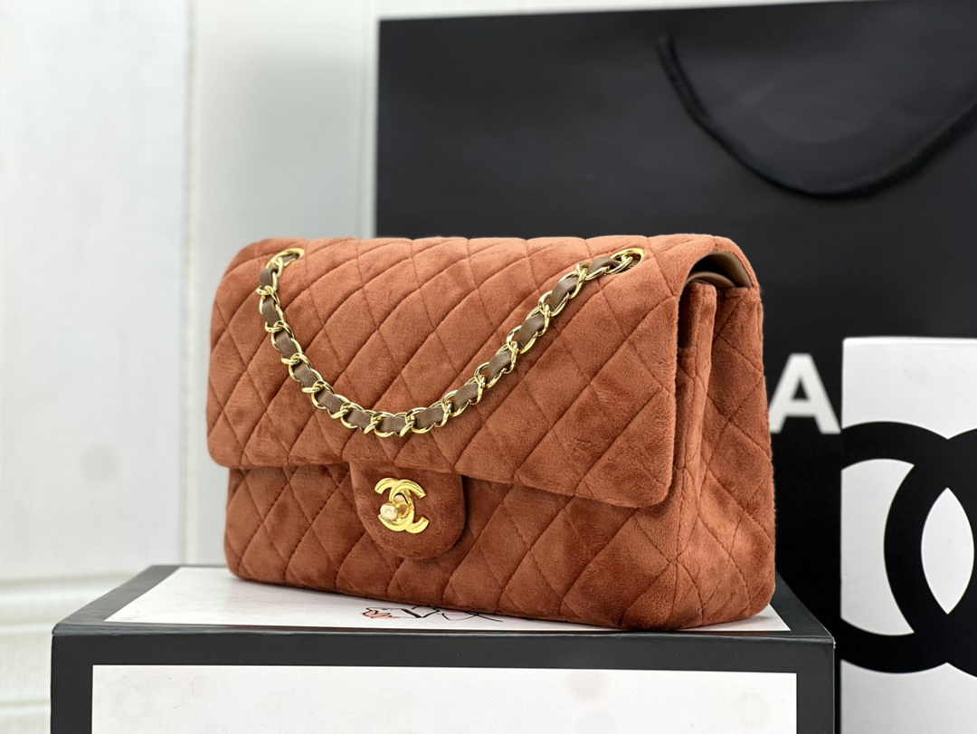 Chanel A01112 Classic Handbag Brown Velvet Enamel Gold-Tone Metal
