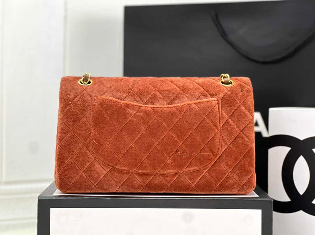Chanel A01112 Classic Handbag Brown Velvet Enamel Gold-Tone Metal