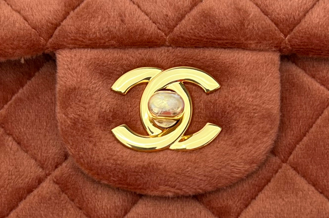 Chanel A01112 Classic Handbag Brown Velvet Enamel Gold-Tone Metal